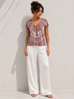 American Eagle Soft Sexy Tie Dye Lace Up V Neck Top Mauve Brown Size Small